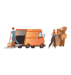 Male Loaders In Overalls Unloading Cardboard Boxes