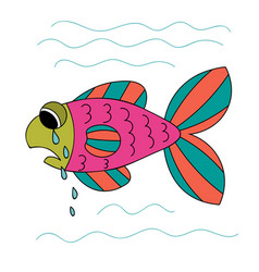 Crying Cartoon Fish Sad Hand Drawn Green Pink