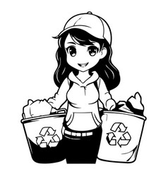 A Cute Girl With A Trash Can And Recycling Symbol