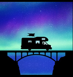 Retro Car On Bridge Man Traveling In Camper