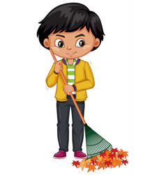 Happy Boy Raking Leaves On White Background