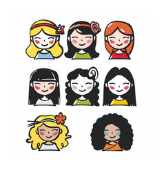 Nine Diverse Cartoon Girls Smiling Various