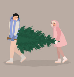 People Carrying Big Xmas Pine Tree Together