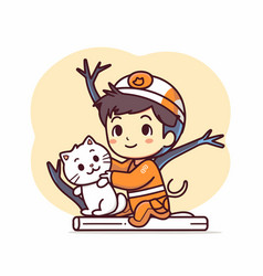 Cute Boy Playing With Cat On Skis