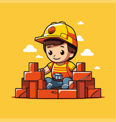 Cute Little Boy Construction Worker With Bricks