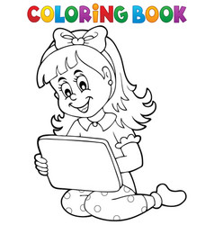 Coloring Book Girl Playing With Tablet