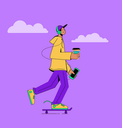 Guy On The Skateboard Listens To Music And Drinks