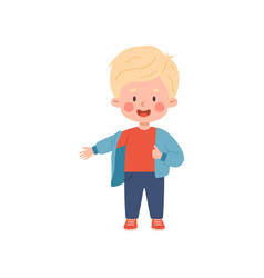 Happy Blonde Little Boy Puts On Jacket Flat Style