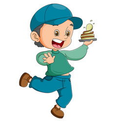 Boy Is Running While Holding A Cake To Serve