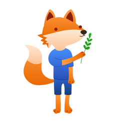 Cute Cartoon Fox In Clothes With Greenery