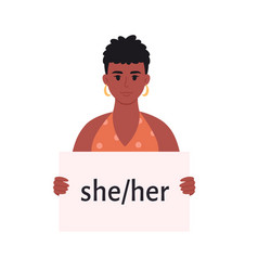 Young Black Woman Holding Sign With Gender Pronoun