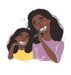 Mother And Daughter Brushing Their Teeth Happy