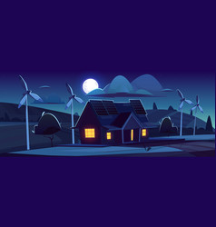 House With Solar Panels And Wind Turbines At Night