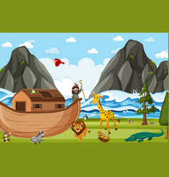 Noahs Ark With Wild Animals In Nature Scene