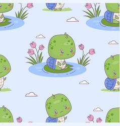 Seamless Pattern With Little Turtle On Leaf