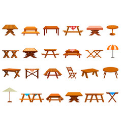 Wooden Table Picnic Icons Set Cartoon