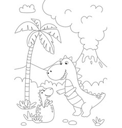 Funny Cartoon Dinosaur And Little Dino Black