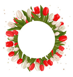 Spring Round Frame With White Red Tulips For Text