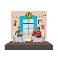 Family In Livingroom With Christmas Decoration