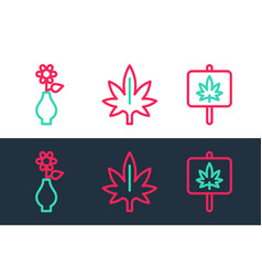 Set Line Marijuana Flower In Vase And Icon