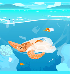 Turtle Trapped In Plastic Garbage Flat Sea