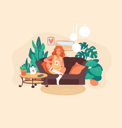 Woman Drink Coffee Girl Resting On Sofa Alone