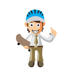 Business Man Wear Helmet And Holding Skateboard