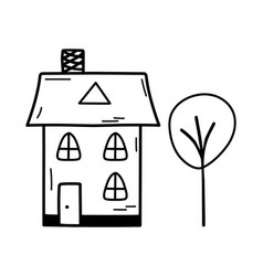 Cute Tiny House With Tree In Doodle Style