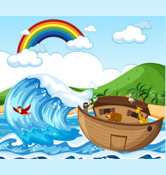 Noahs Ark With Wild Animals In Nature Scene