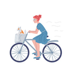 Girl With Cat Sitting In Basket Ride A Bike Flat