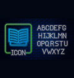 Glowing Neon Open Book Icon Isolated On Brick Wall