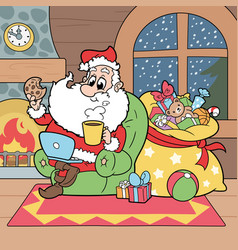 Santa Claus With Laptop Sitting By Fireplace 2