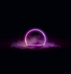 Pink Neon Circle Frame With Podium And Smoke