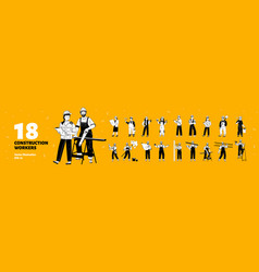 Set Of 18 Construction Workers Isolated On Yellow