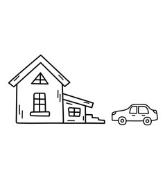 Cute Tiny House With Car In Doodle Style