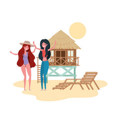 Women Standing In Beach With House