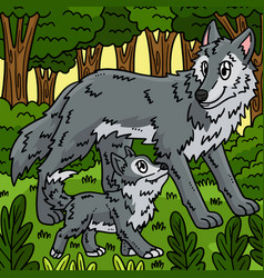 Mother Wolf And Baby Colored Cartoon