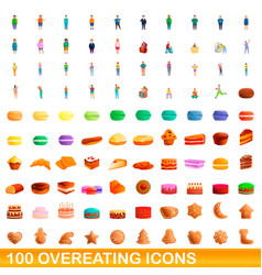 100 Overeating Icons Set Cartoon Style