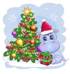 Cute Cartoon Hippo In Santa Hat With Gift