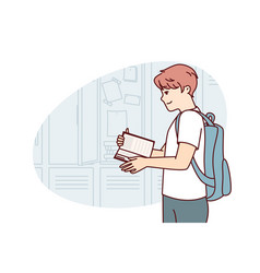 Teenager Guy With Book And Backpack Behind Back