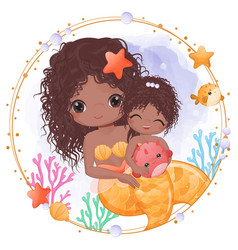 Cute Mermaid Mom And Baby In Watercolor