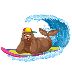 Sea Lion On Surfboard With Water Wave