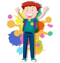 Happy Man With Backpack On Colorful Background