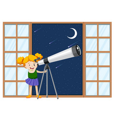 A Girl Observe Night Sky With Telescope