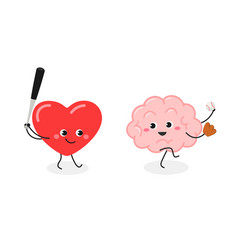 Cartoon Heart And Brain Playing Baseball Game