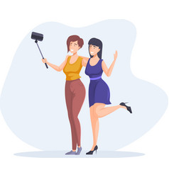 Smiling Woman Best Friends Taking Selfie Use