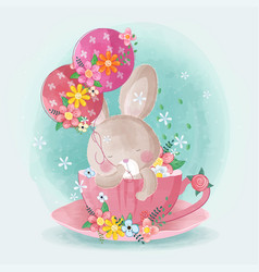 Cute Little Bunny In Tea Cup With Flowers