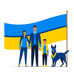 Family In Blue And Yellow Clothing With Dog