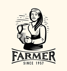 Happy Young Woman Farmer Or Milkmaid With Jug Of