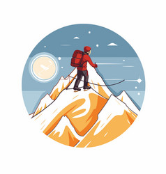 Hiker On The Top Of Mountain In Flat Style